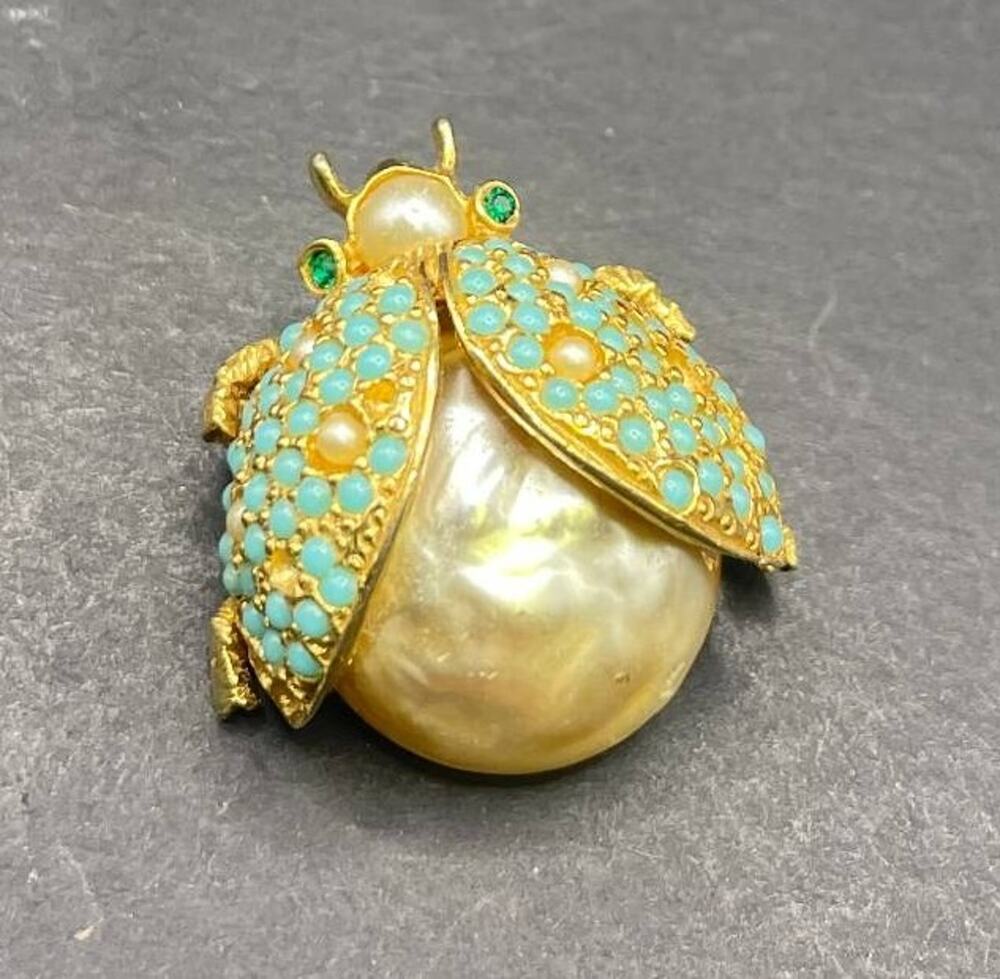 Vintage Gold Tone Ladybug Brooch Pin Turquoise Faux Pearl Beetle Insect Jewelry